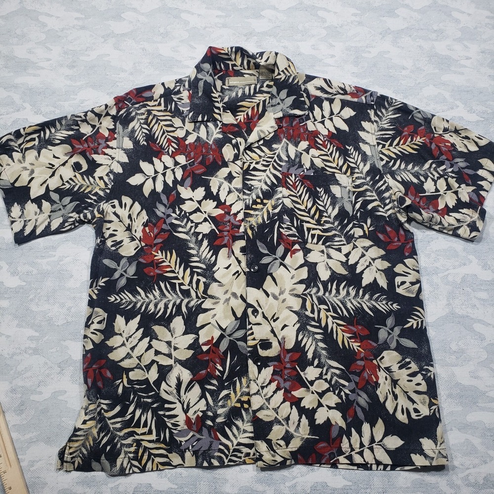 T Eight Hawaiian Shirt Mens Black Short Sleeve Silk Leaf Button Up